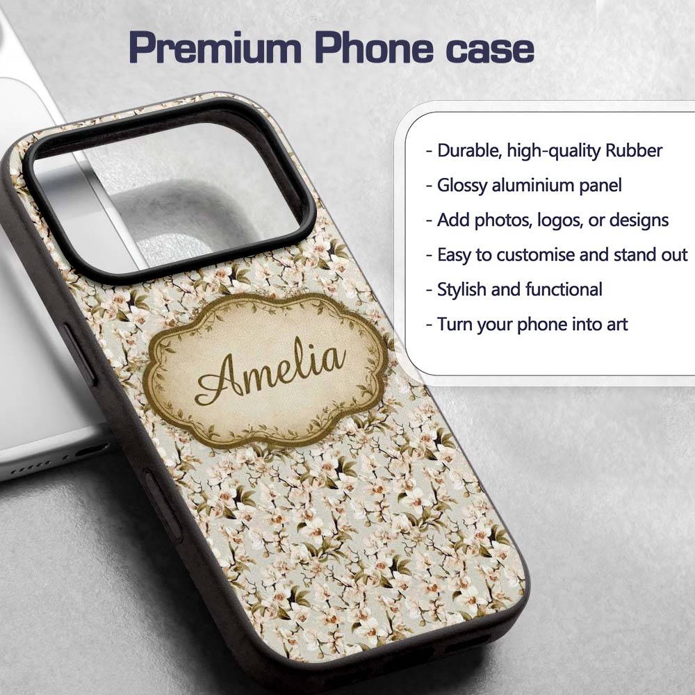 Elegant White Orchid Floral Vintage Seamless Custom Name Protective Phone Case Mobile Cover Durable Everyday Smartphone Shock Resistant
