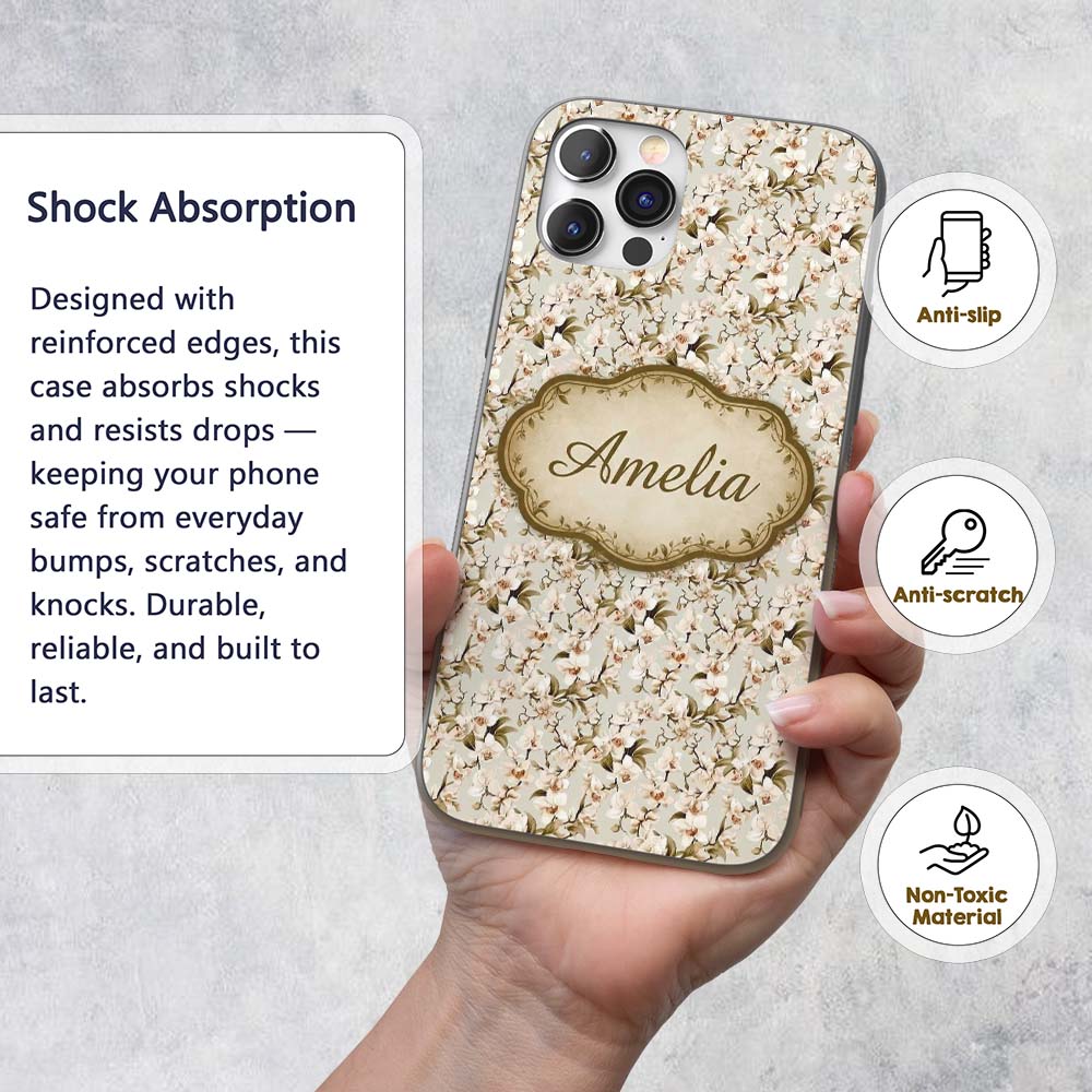 Elegant White Orchid Floral Vintage Seamless Custom Name Protective Phone Case Mobile Cover Durable Everyday Smartphone Shock Resistant