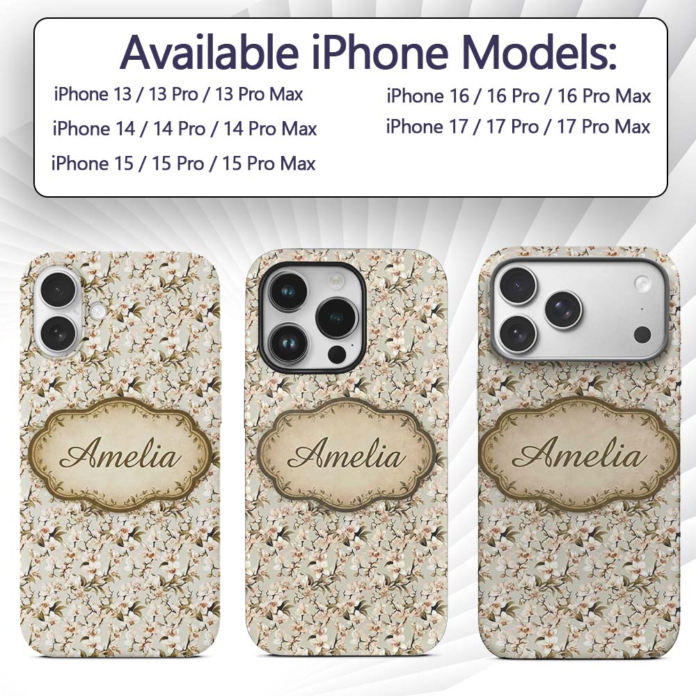 Elegant White Orchid Floral Vintage Seamless Custom Name Protective Phone Case Mobile Cover Durable Everyday Smartphone Shock Resistant