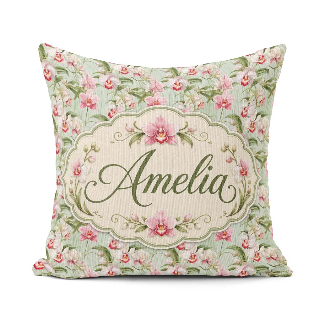 Custom Name Soft Pink Orchid Garden Botanical Seamless Name Cute Square Filled Cushion Throw Pillow Sofa Bed Home Decor Zip Washable UK Made