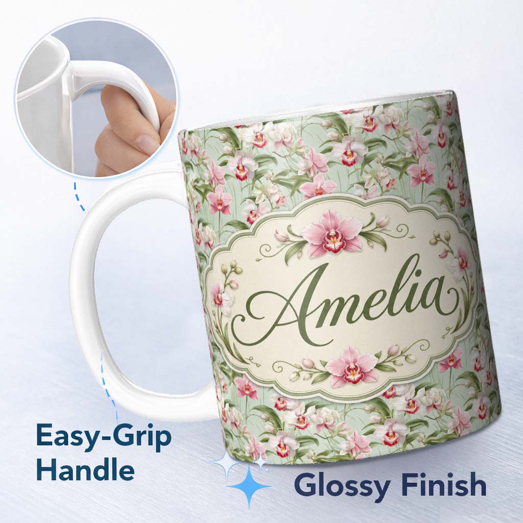 Personalized Custom Name Soft Pink Orchid Garden Botanical Seamless Pattern Name Cute Unique 11oz Ceramic Coffee Tea Mug White Large Handle