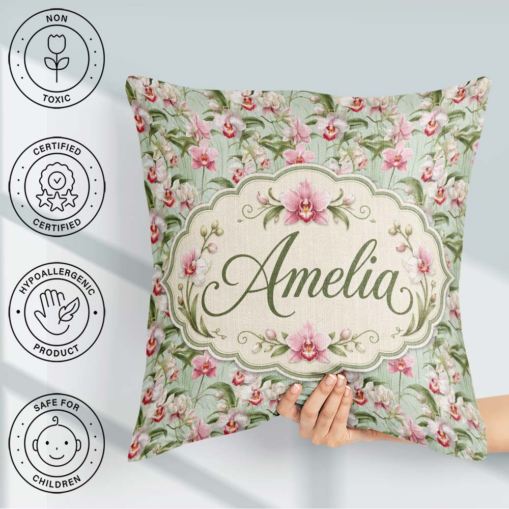 Custom Name Soft Pink Orchid Garden Botanical Seamless Name Cute Square Filled Cushion Throw Pillow Sofa Bed Home Decor Zip Washable UK Made