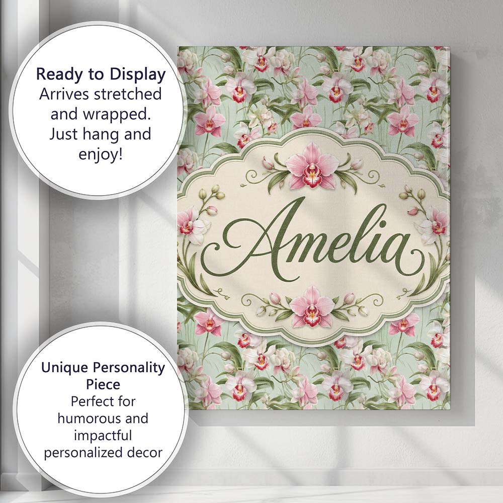 Personalised Name Soft Pink Orchid Garden Custom Unique Gift Idea Elegant Feature Canvas Wall Art Print Decor Picture Ready to Hang