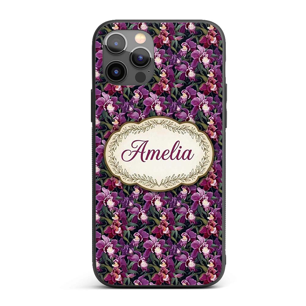 Deep Purple Orchid Floral Dark Printed Design Custom Name Protective Phone Case Mobile Cover Durable Everyday Smartphone Shock Resistant