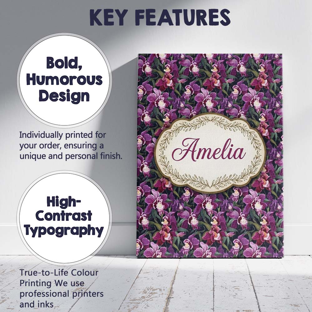 Personalised Name Deep Purple Orchid Floral Custom Bespoke Interior Contemporary Canvas Wall Art Print Decor Picture Ready to Hang