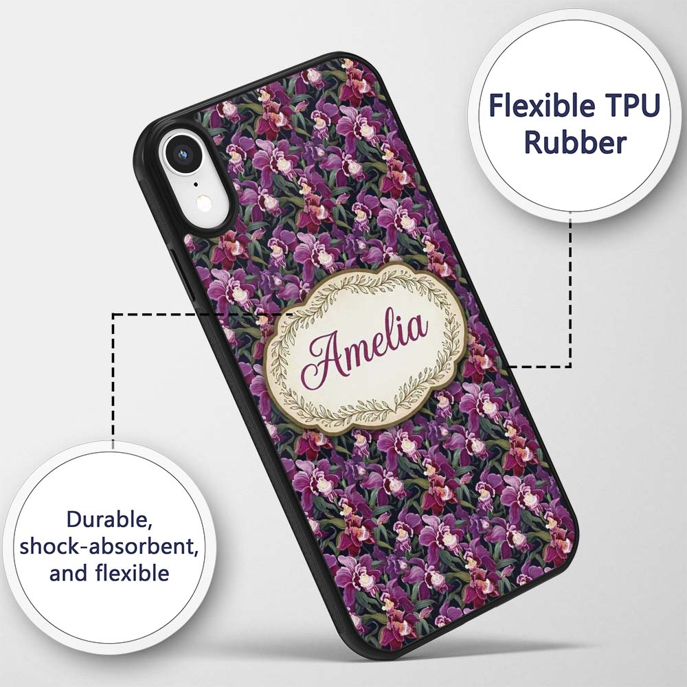 Deep Purple Orchid Floral Dark Printed Design Custom Name Protective Phone Case Mobile Cover Durable Everyday Smartphone Shock Resistant