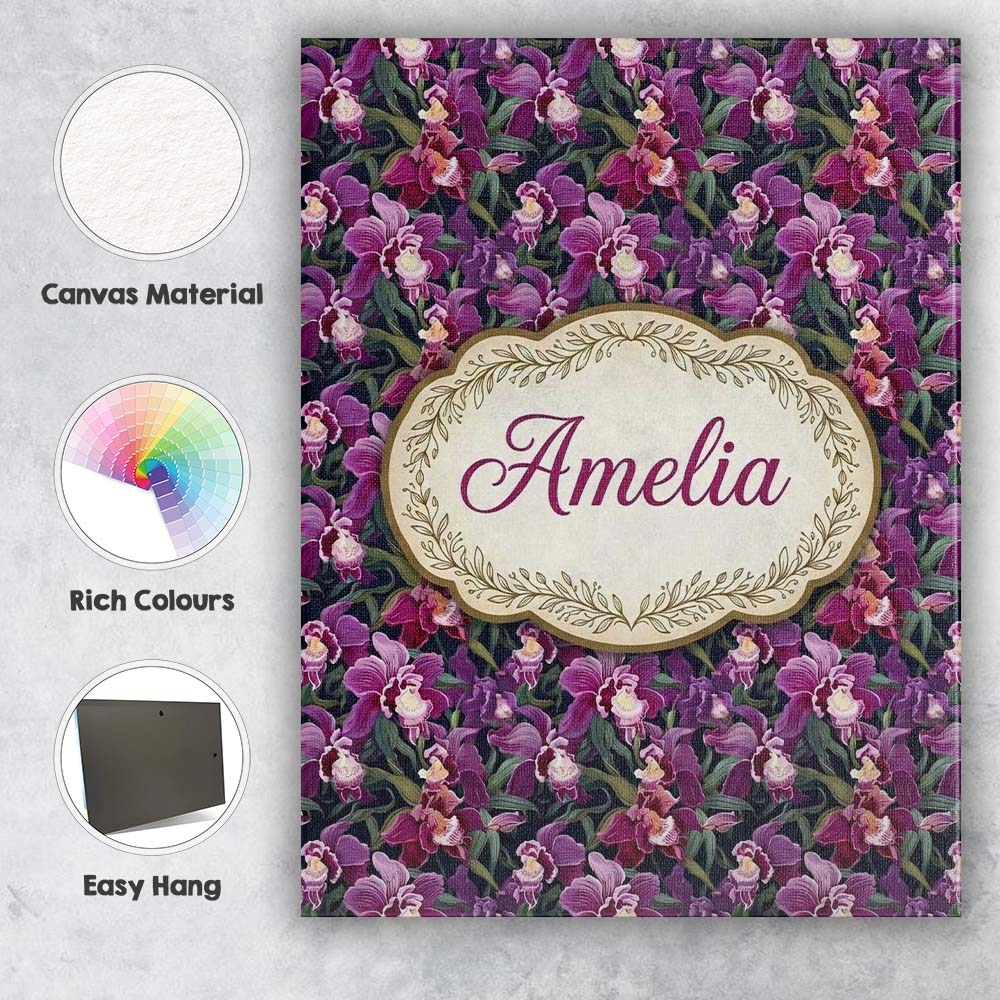 Personalised Name Deep Purple Orchid Floral Custom Bespoke Interior Contemporary Canvas Wall Art Print Decor Picture Ready to Hang