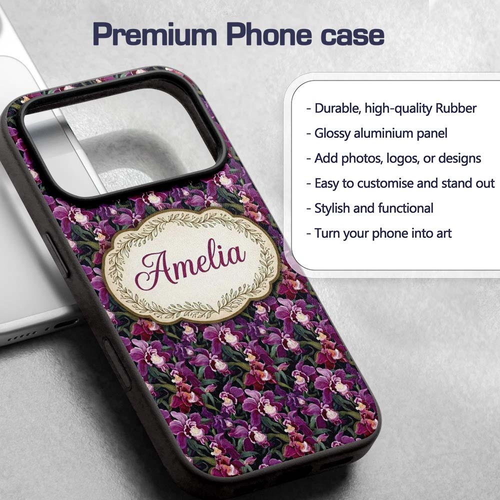 Deep Purple Orchid Floral Dark Printed Design Custom Name Protective Phone Case Mobile Cover Durable Everyday Smartphone Shock Resistant