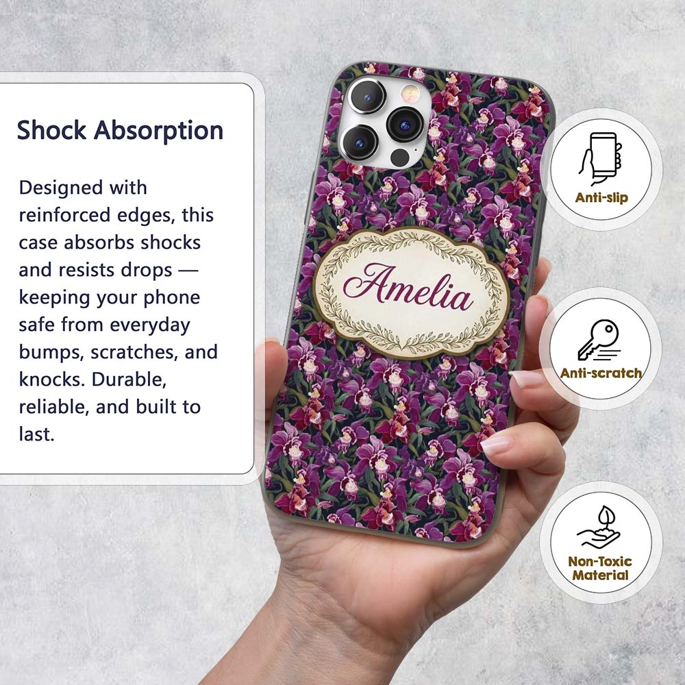 Deep Purple Orchid Floral Dark Printed Design Custom Name Protective Phone Case Mobile Cover Durable Everyday Smartphone Shock Resistant