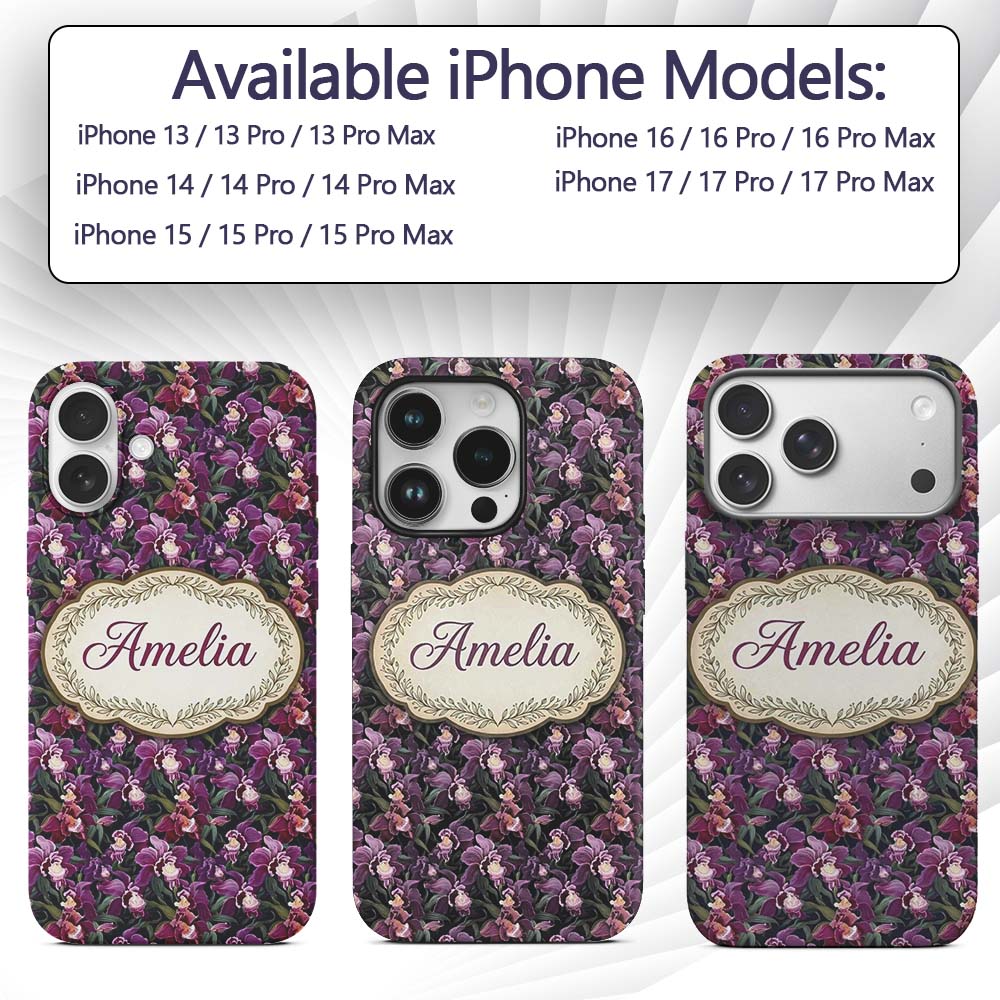 Deep Purple Orchid Floral Dark Printed Design Custom Name Protective Phone Case Mobile Cover Durable Everyday Smartphone Shock Resistant