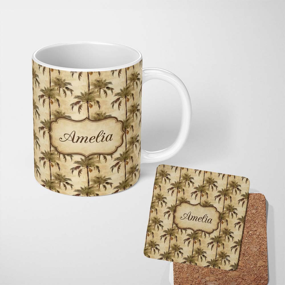 Personalized Custom Name Tropical Palm Tree Vintage Beige Seamless Pattern Name Cute Unique 11oz Ceramic Coffee Tea Mug White Large Handle