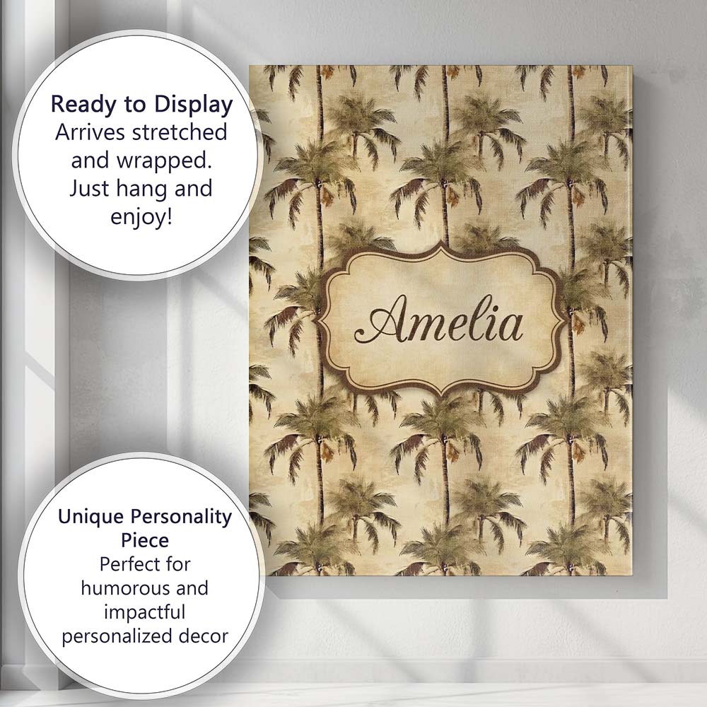 Personalised Name Tropical Palm Tree Custom Premium Decorative Design Modern Room Accent Canvas Wall Art Print Decor Picture Ready to Hang