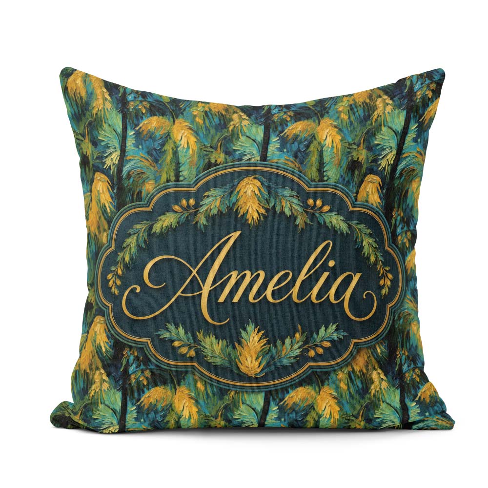Custom Name Textured Tropical Palm Leaves Artistic Seamless Name Square Filled Cushion Throw Pillow Sofa Bed Home Decor Zip Washable UK Made