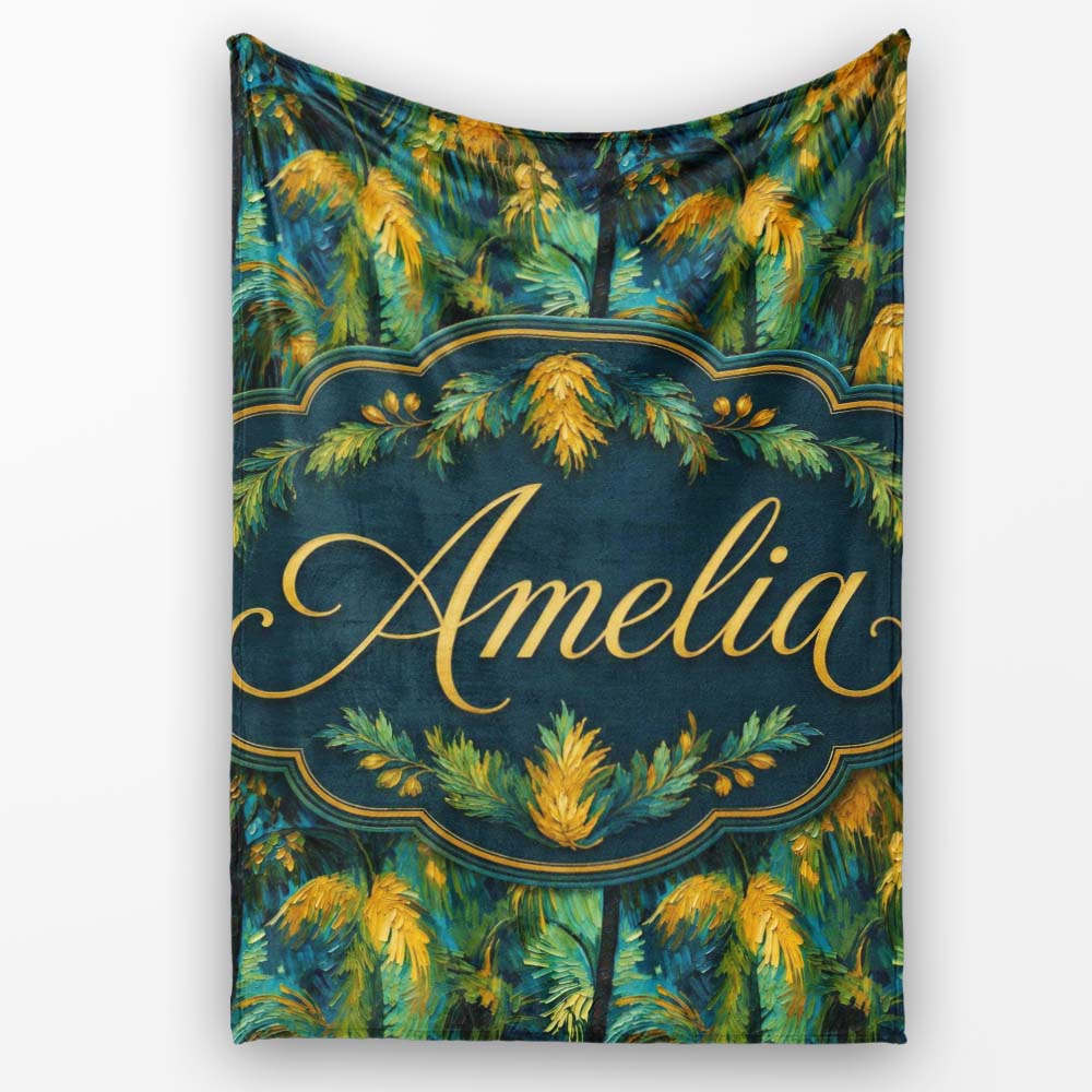 Textured Tropical Palm Leaves Artistic Seamless Pattern Name Cute Personalised Custom Name Super Soft Fleece Blanket Bed Sofa Throw