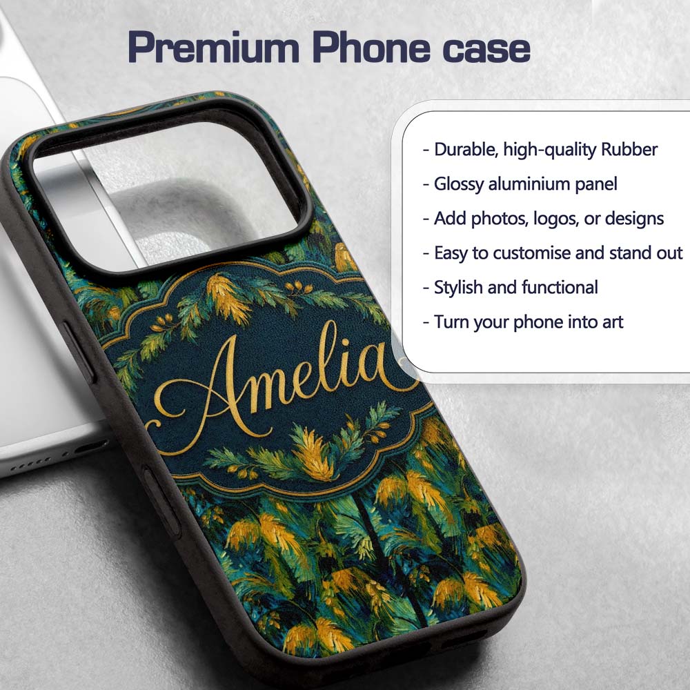Textured Tropical Palm Leaves Artistic Seamless Custom Name Protective Phone Case Mobile Cover Durable Everyday Smartphone Shock Resistant
