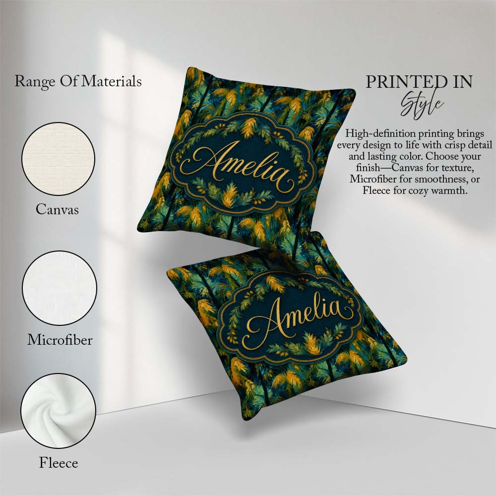 Custom Name Textured Tropical Palm Leaves Artistic Seamless Name Square Filled Cushion Throw Pillow Sofa Bed Home Decor Zip Washable UK Made