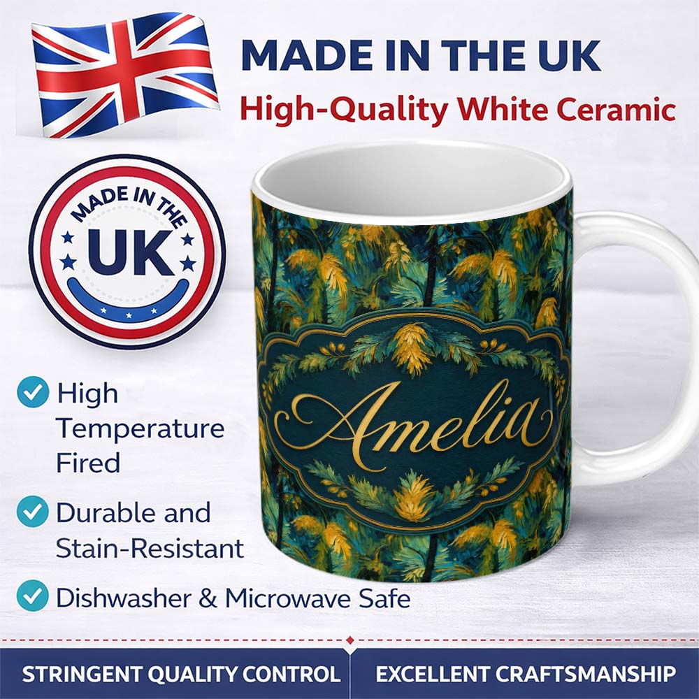 Personalized Custom Name Textured Tropical Palm Leaves Artistic Seamless Pattern Name Cute 11oz Ceramic Coffee Tea Mug White Large Handle