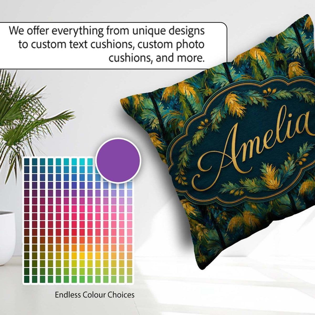 Custom Name Textured Tropical Palm Leaves Artistic Seamless Name Square Filled Cushion Throw Pillow Sofa Bed Home Decor Zip Washable UK Made