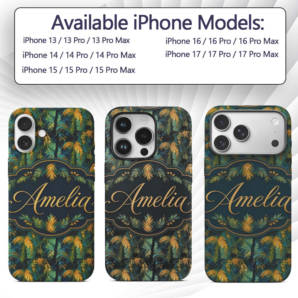 Textured Tropical Palm Leaves Artistic Seamless Custom Name Protective Phone Case Mobile Cover Durable Everyday Smartphone Shock Resistant