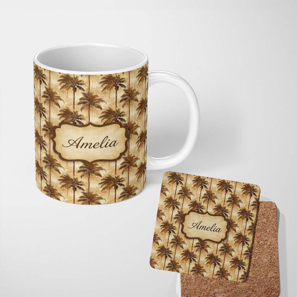 Personalized Custom Name Classic Brown Palm Tree Vintage Coastal Seamless Pattern Name Cute 11oz Ceramic Coffee Tea Mug White Large Handle