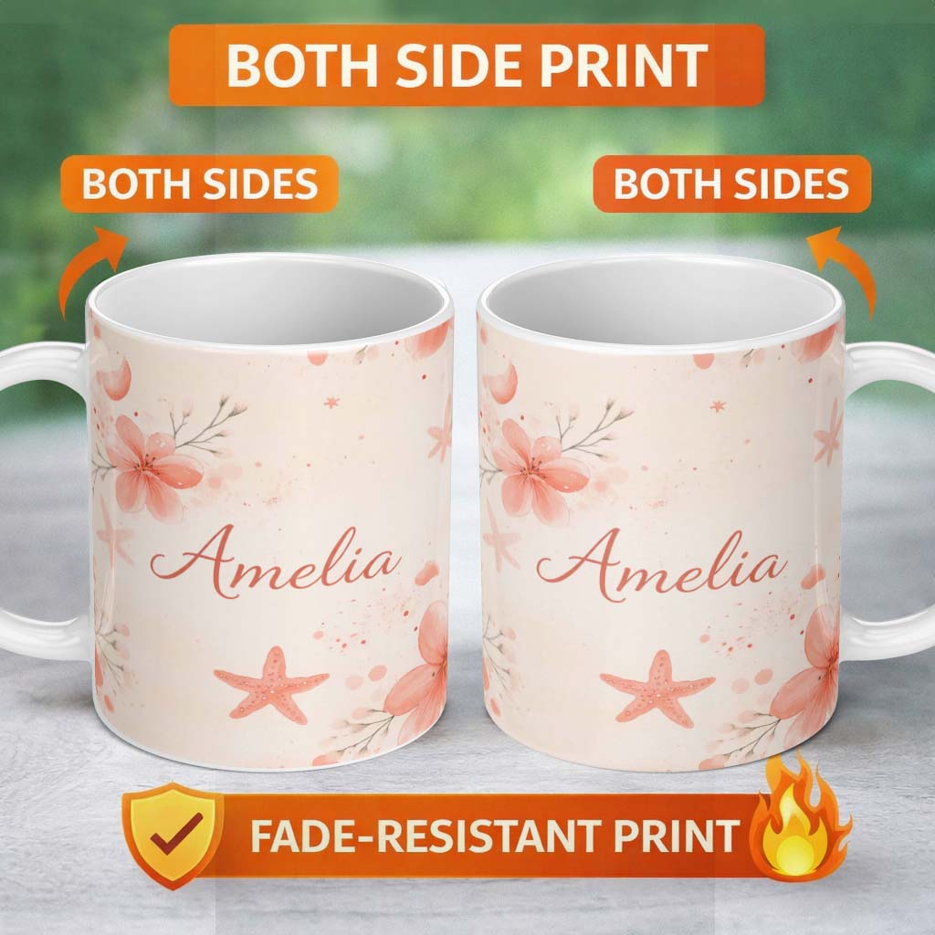 Personalized Custom Name Coral Starfish Ocean Floral Pattern Seamless Watercolour Coastal 11oz Ceramic Coffee Tea Mug White Large Handle