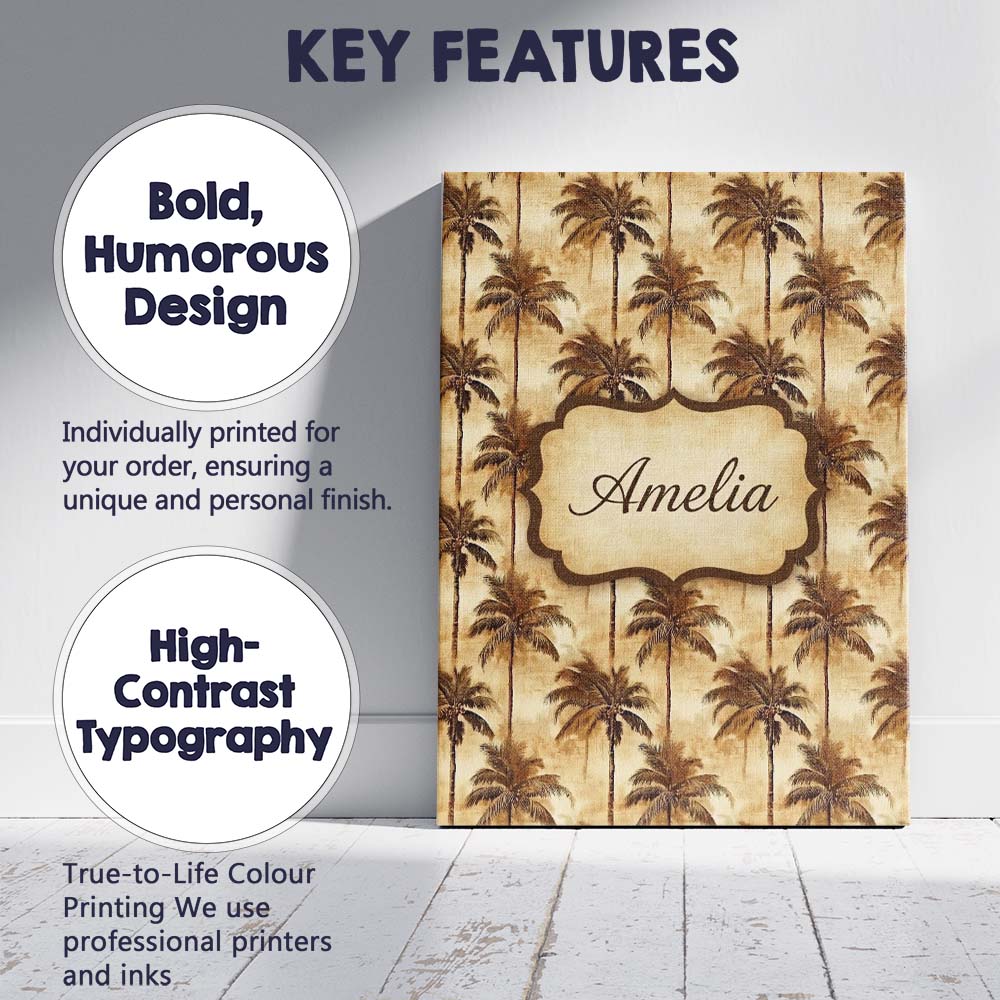 Personalised Name Classic Brown Palm Tree Custom Unique Gift Idea Elegant Feature Canvas Wall Art Print Decor Picture Ready to Hang