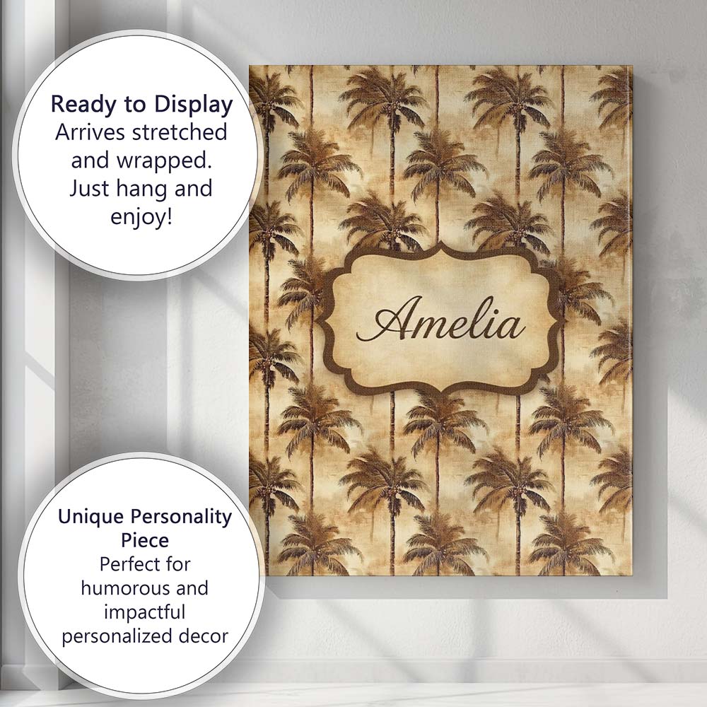 Personalised Name Classic Brown Palm Tree Custom Unique Gift Idea Elegant Feature Canvas Wall Art Print Decor Picture Ready to Hang