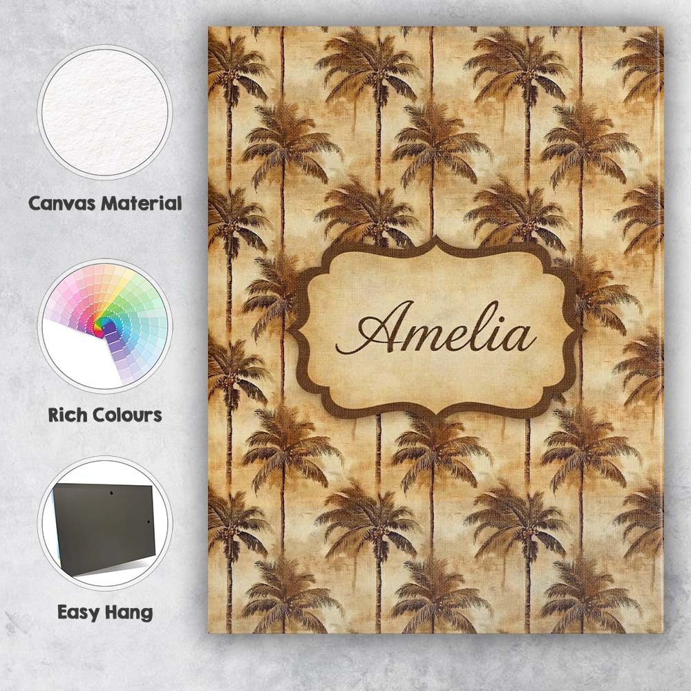 Personalised Name Classic Brown Palm Tree Custom Unique Gift Idea Elegant Feature Canvas Wall Art Print Decor Picture Ready to Hang
