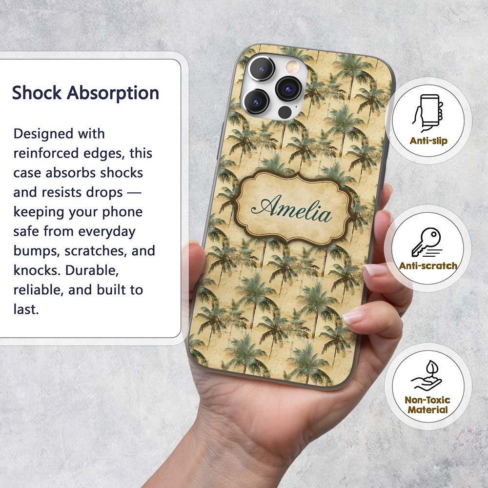 Soft Green Tropical Palm Tree Vintage Seamless Custom Name Protective Phone Case Mobile Cover Durable Everyday Smartphone Shock Resistant