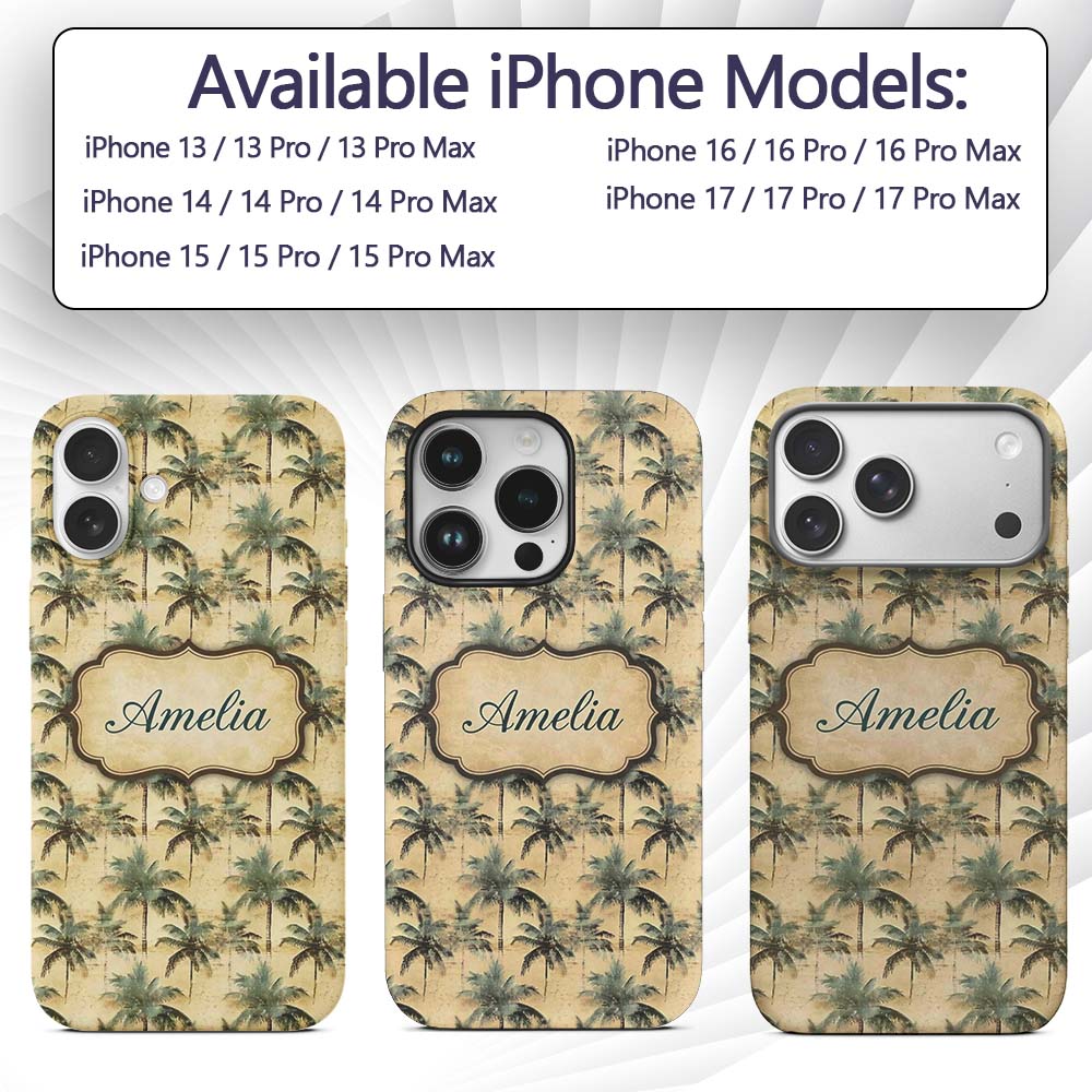 Soft Green Tropical Palm Tree Vintage Seamless Custom Name Protective Phone Case Mobile Cover Durable Everyday Smartphone Shock Resistant