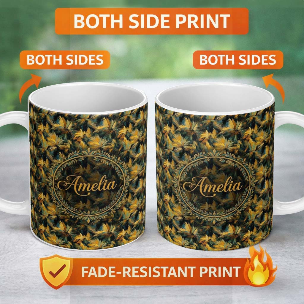 Personalized Custom Name Golden Tropical Palm Leaves Bold Artistic Seamless Pattern Name Cute 11oz Ceramic Coffee Tea Mug White Large Handle