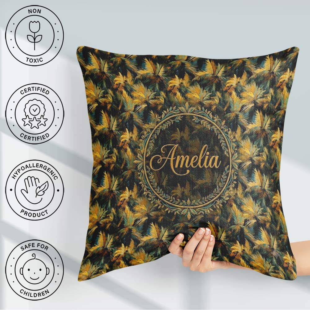 Custom Name Golden Tropical Palm Bold Artistic Pattern Name Cute Square Filled Cushion Throw Pillow Sofa Bed Home Decor Zip Washable UK Made