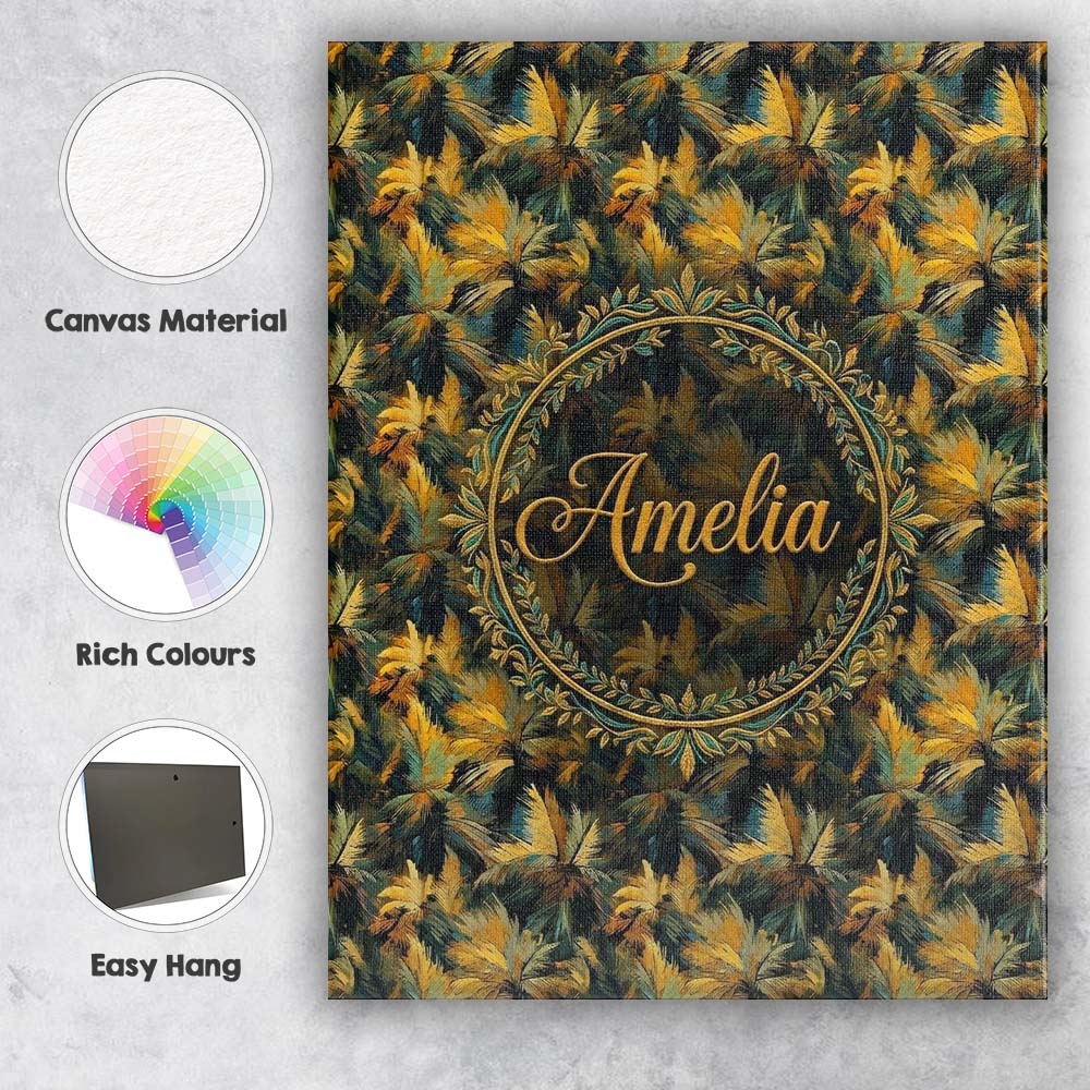 Personalised Name Golden Tropical Palm Custom Modern Room Accent Elegant Feature Canvas Wall Art Print Decor Picture Ready to Hang