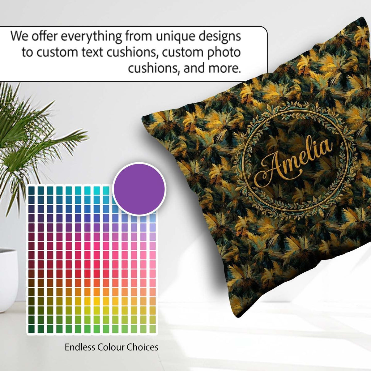Custom Name Golden Tropical Palm Bold Artistic Pattern Name Cute Square Filled Cushion Throw Pillow Sofa Bed Home Decor Zip Washable UK Made