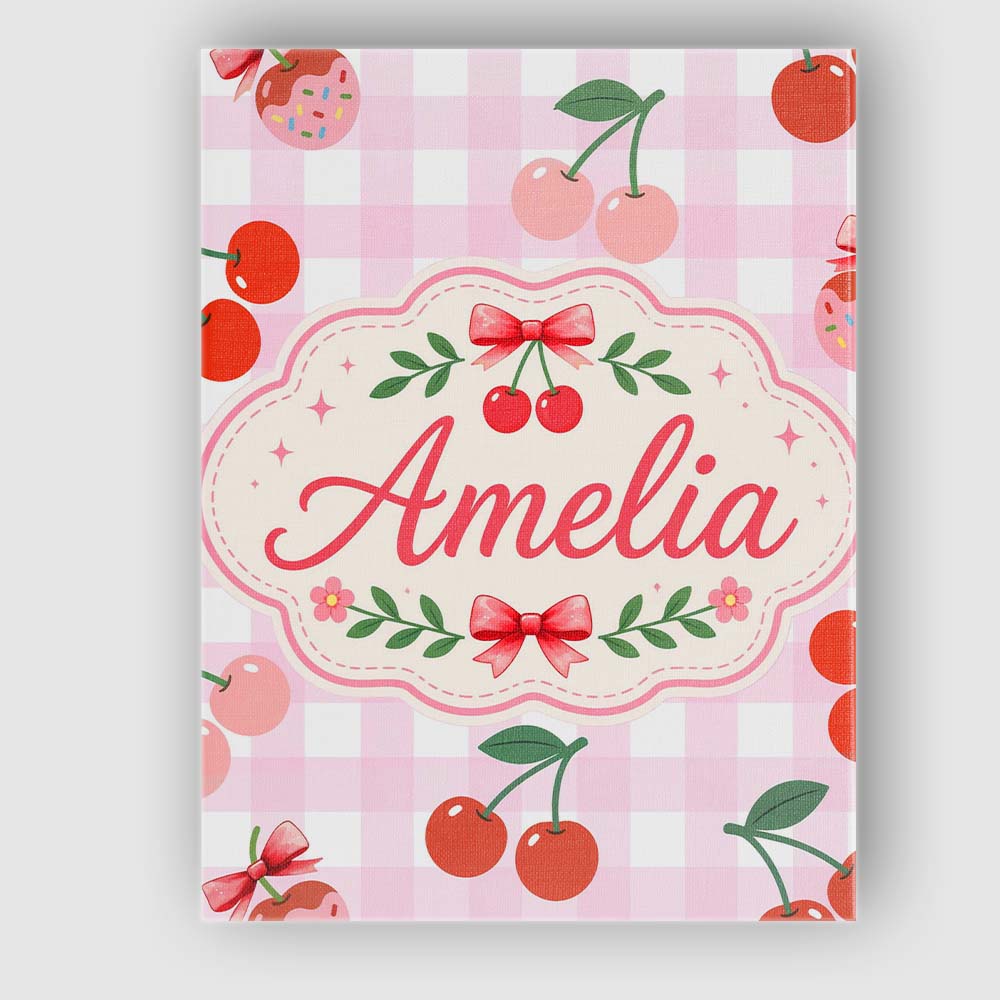 Personalised Name Cherry Fruit Yellow Gingham Picnic Check Seamless Custom Canvas Wall Art Print Decor Picture Ready to Hang