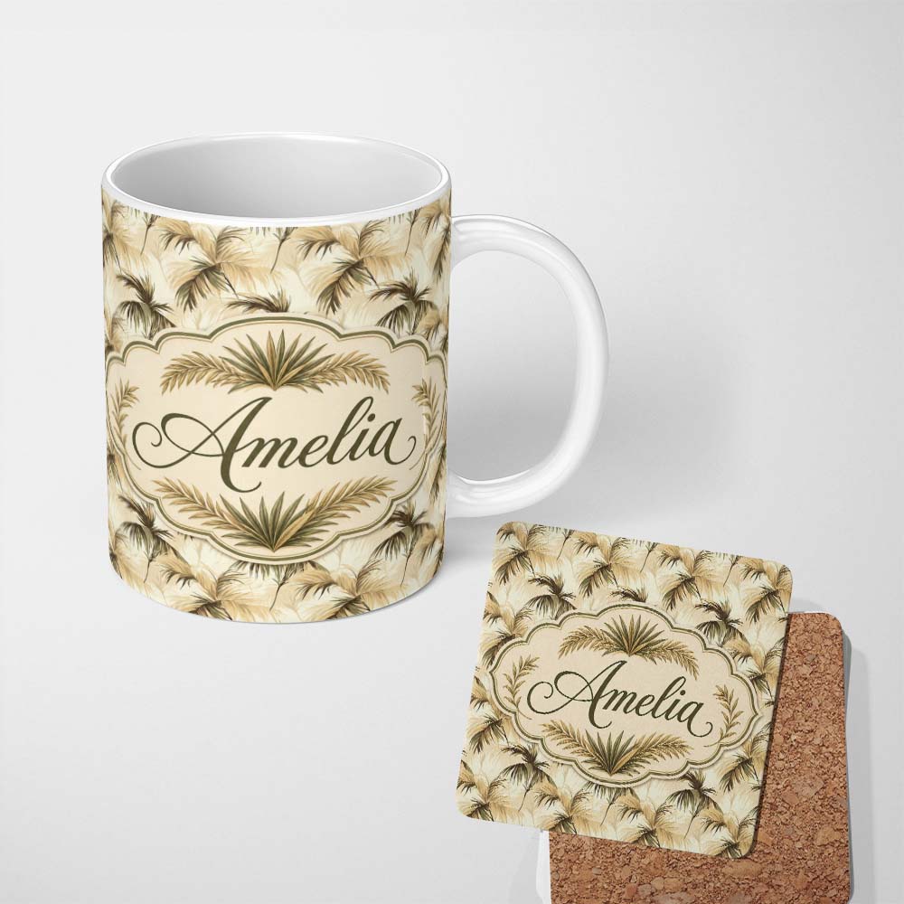 Personalized Custom Name Vintage Beige Palm Leaves Tropical Seamless Pattern Name Cute 11oz Ceramic Coffee Tea Mug White Large Handle