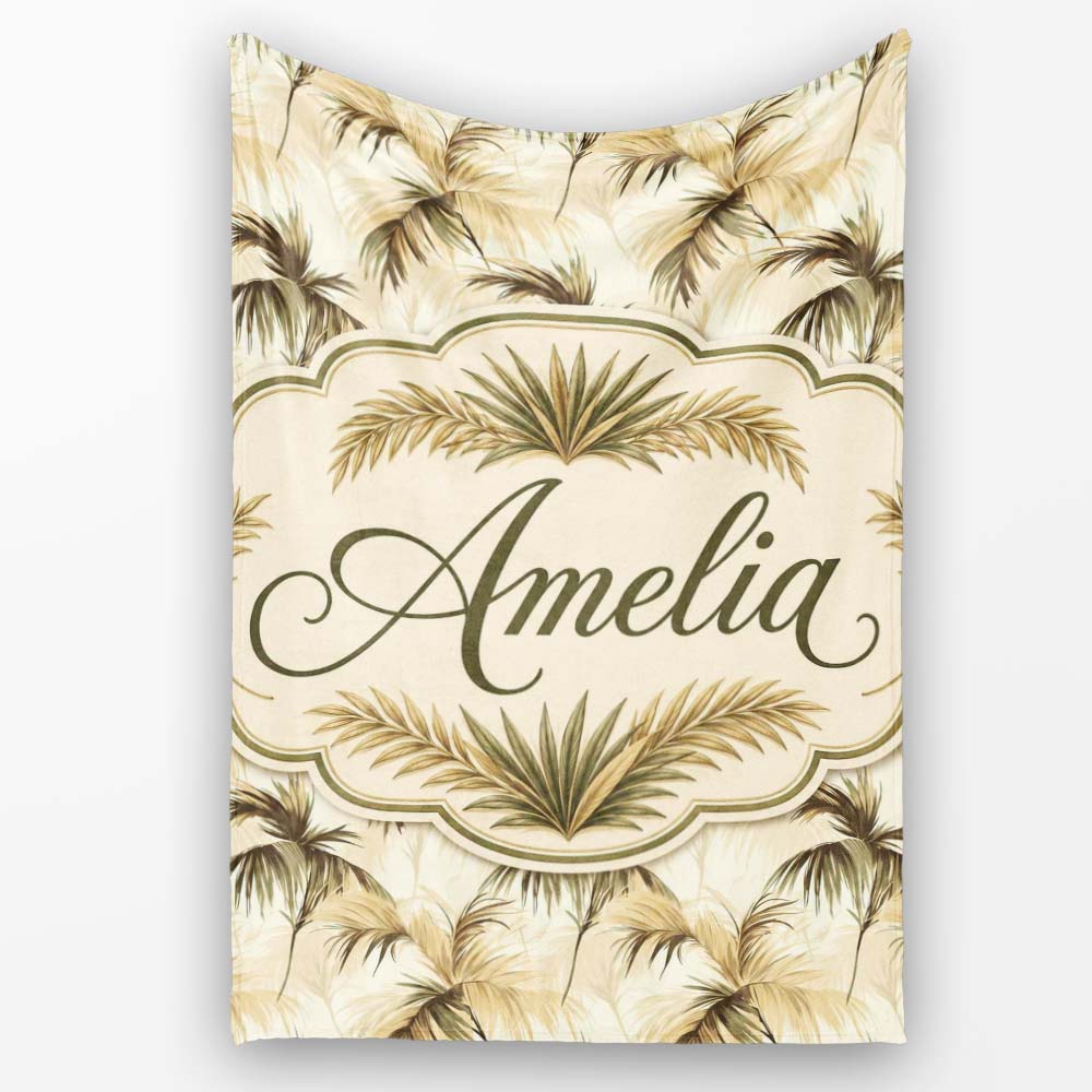 Vintage Beige Palm Leaves Tropical Seamless Pattern Name Cute Personalised Custom Name Super Soft Fleece Blanket Bed Sofa Throw