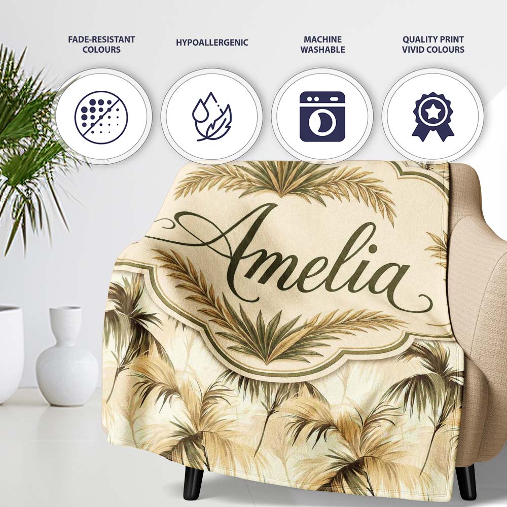 Vintage Beige Palm Leaves Tropical Seamless Pattern Name Cute Personalised Custom Name Super Soft Fleece Blanket Bed Sofa Throw