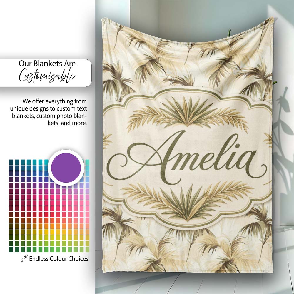 Vintage Beige Palm Leaves Tropical Seamless Pattern Name Cute Personalised Custom Name Super Soft Fleece Blanket Bed Sofa Throw