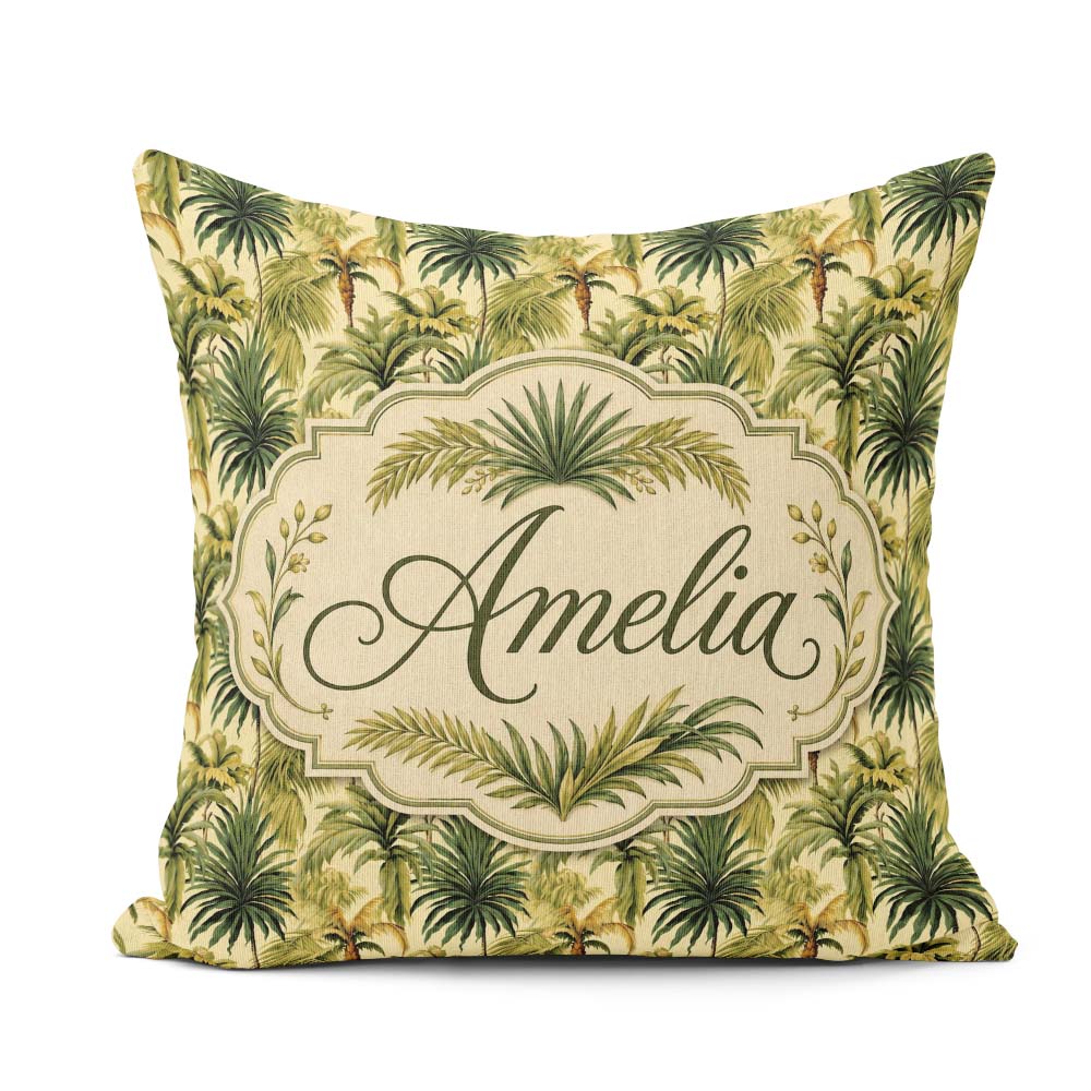 Custom Name Lush Tropical Palm Jungle Seamless Pattern Name Cute Square Filled Cushion Throw Pillow Sofa Bed Home Decor Zip Washable UK Made