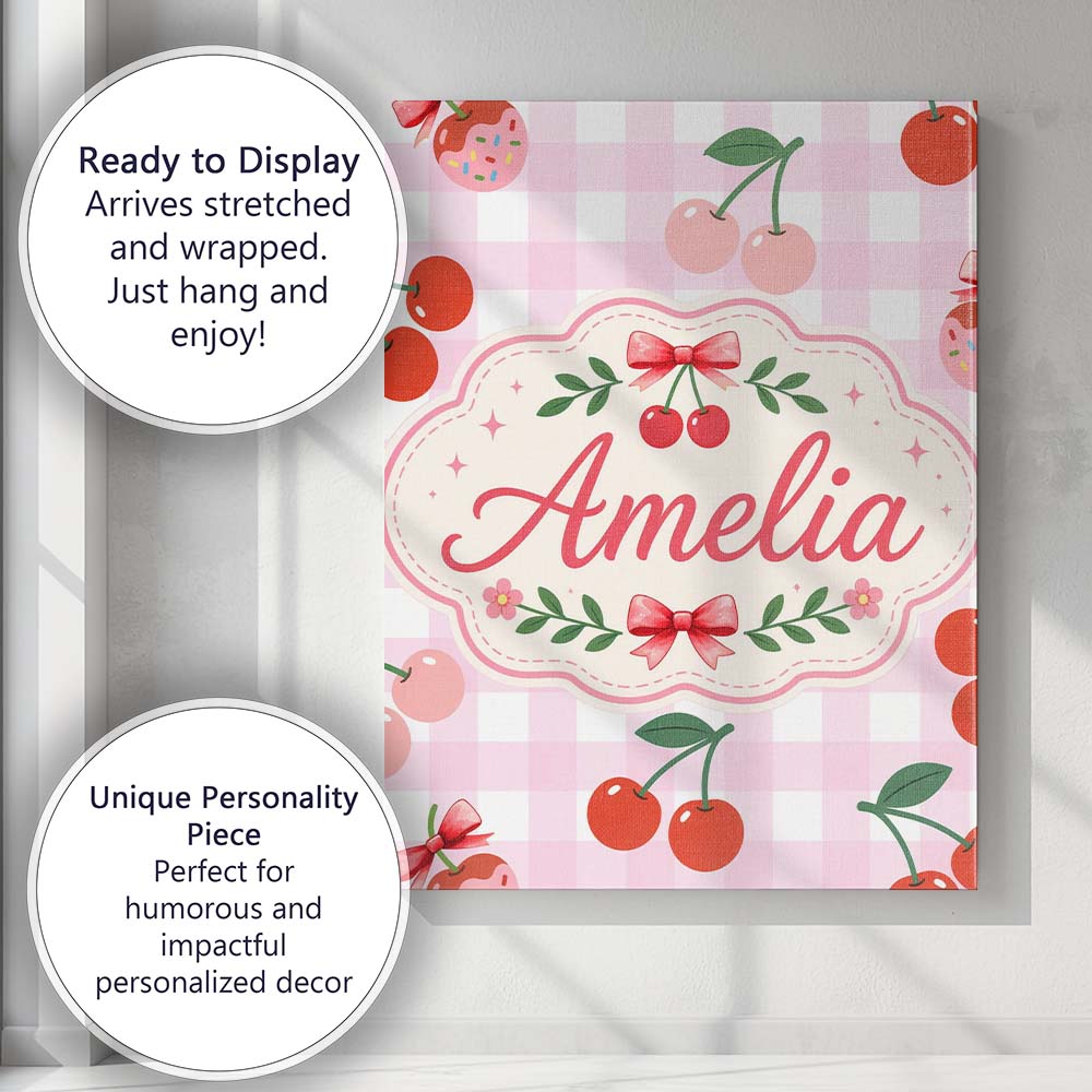 Personalised Name Cherry Fruit Yellow Gingham Picnic Check Seamless Custom Canvas Wall Art Print Decor Picture Ready to Hang