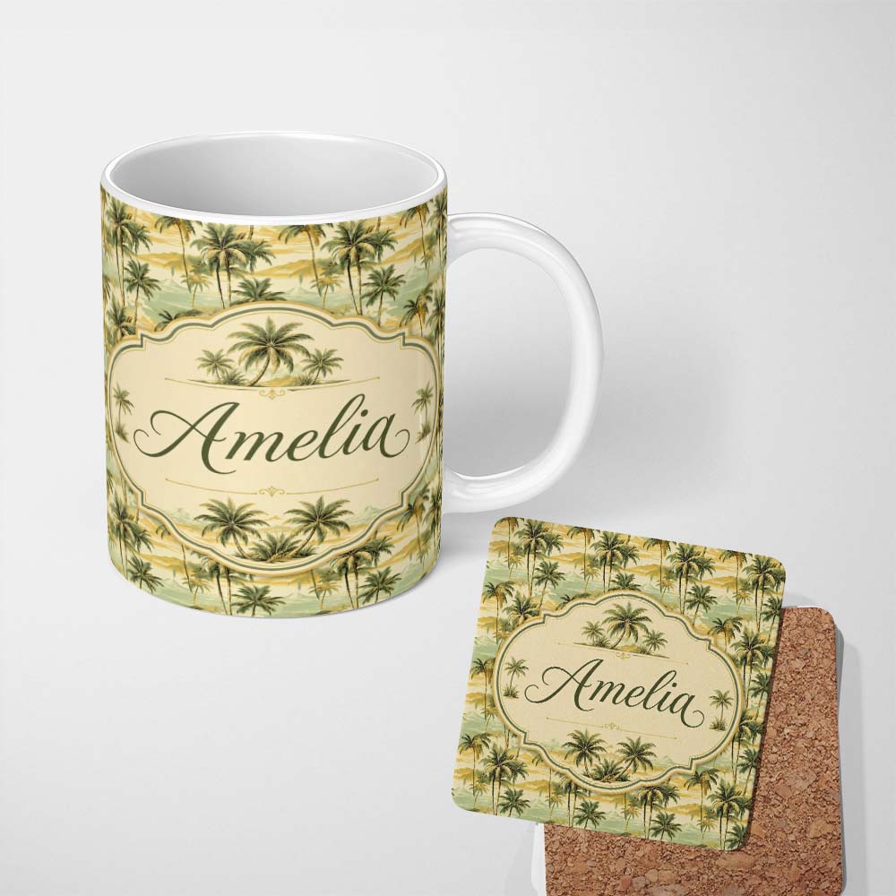 Personalized Custom Name Tropical Island Palm Sunset Coastal Seamless Pattern Name Cute 11oz Ceramic Coffee Tea Mug White Large Handle
