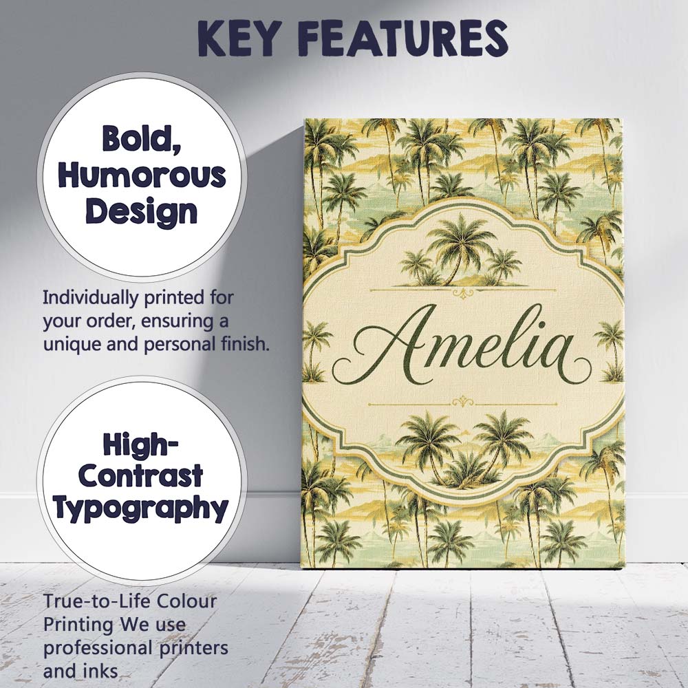 Personalised Name Tropical Island Palm Custom Modern Room Accent Elegant Feature Canvas Wall Art Print Decor Picture Ready to Hang