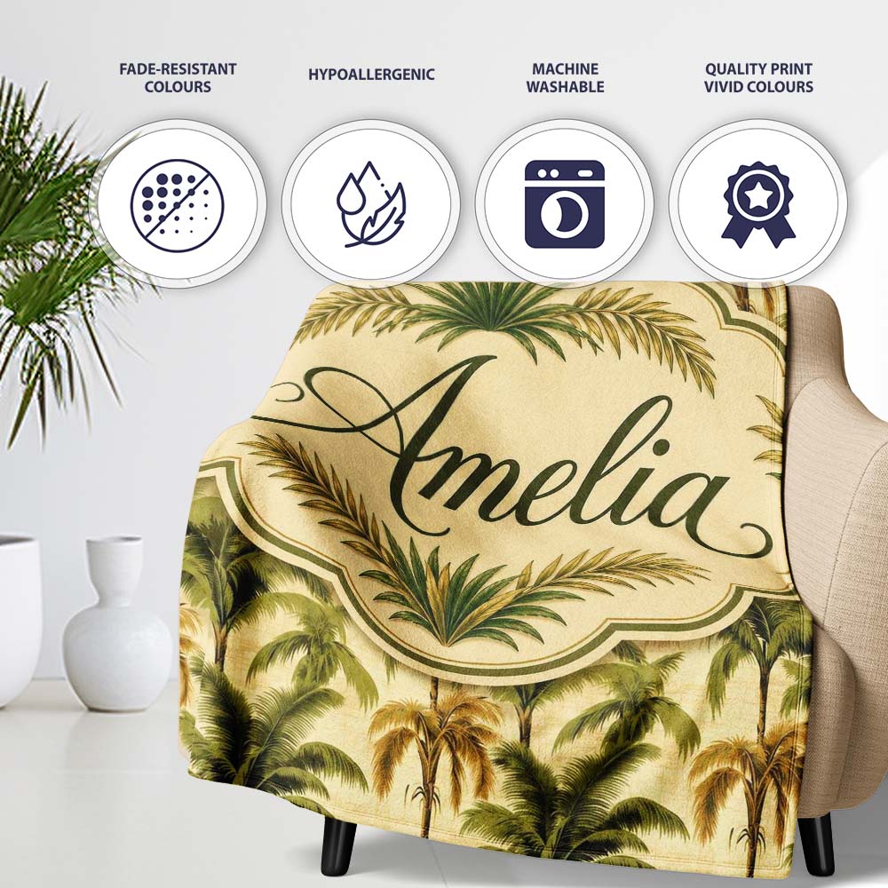 Classic Palm Tree Botanical Vintage Seamless Pattern Name Cute Personalised Custom Name Super Soft Fleece Blanket Bed Sofa Throw