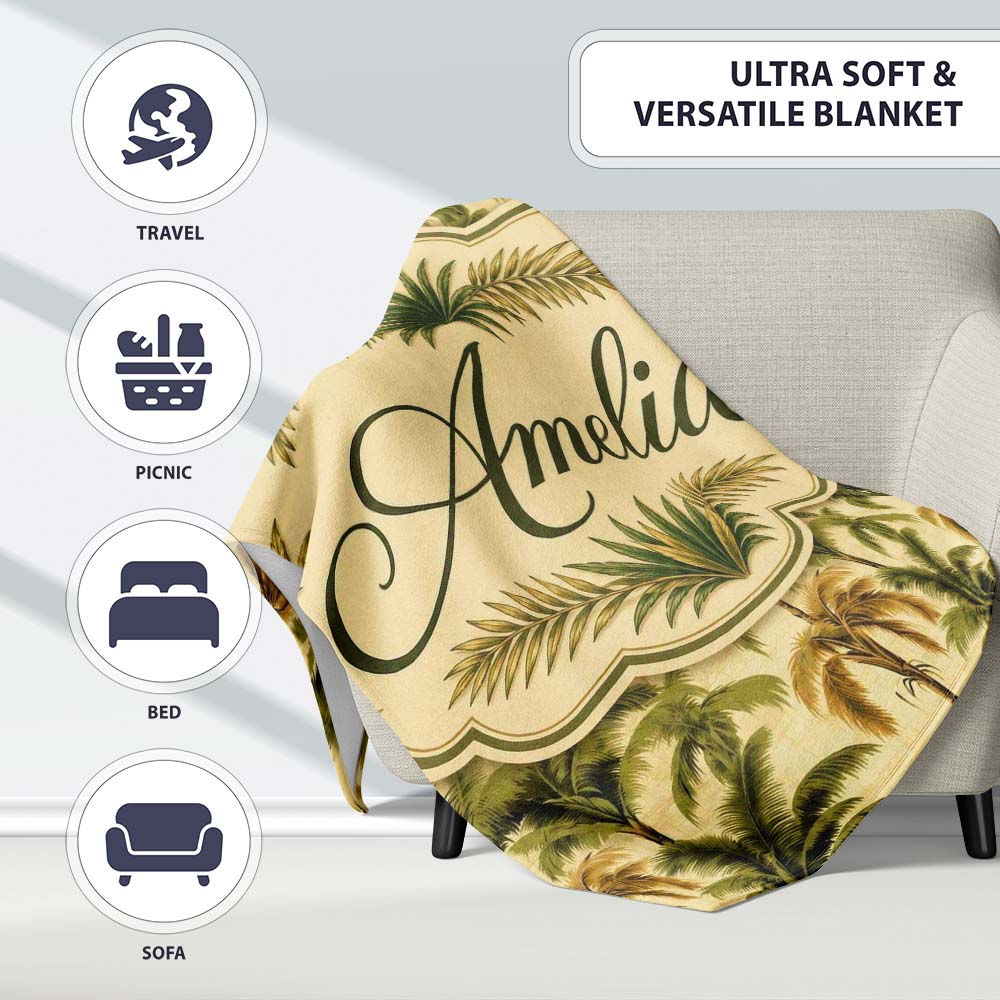 Classic Palm Tree Botanical Vintage Seamless Pattern Name Cute Personalised Custom Name Super Soft Fleece Blanket Bed Sofa Throw