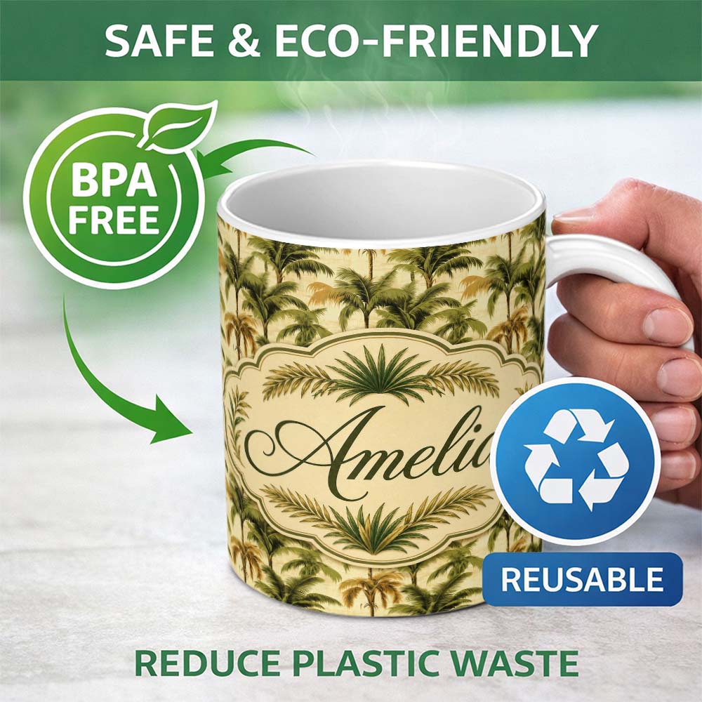 Personalized Custom Name Classic Palm Tree Botanical Vintage Seamless Pattern Name Cute 11oz Ceramic Coffee Tea Mug White Large Handle