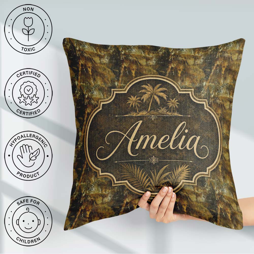 Custom Name Abstract Grunge Palm Tree Tropical Pattern Name Cute Square Filled Cushion Throw Pillow Sofa Bed Home Decor Zip Washable UK Made