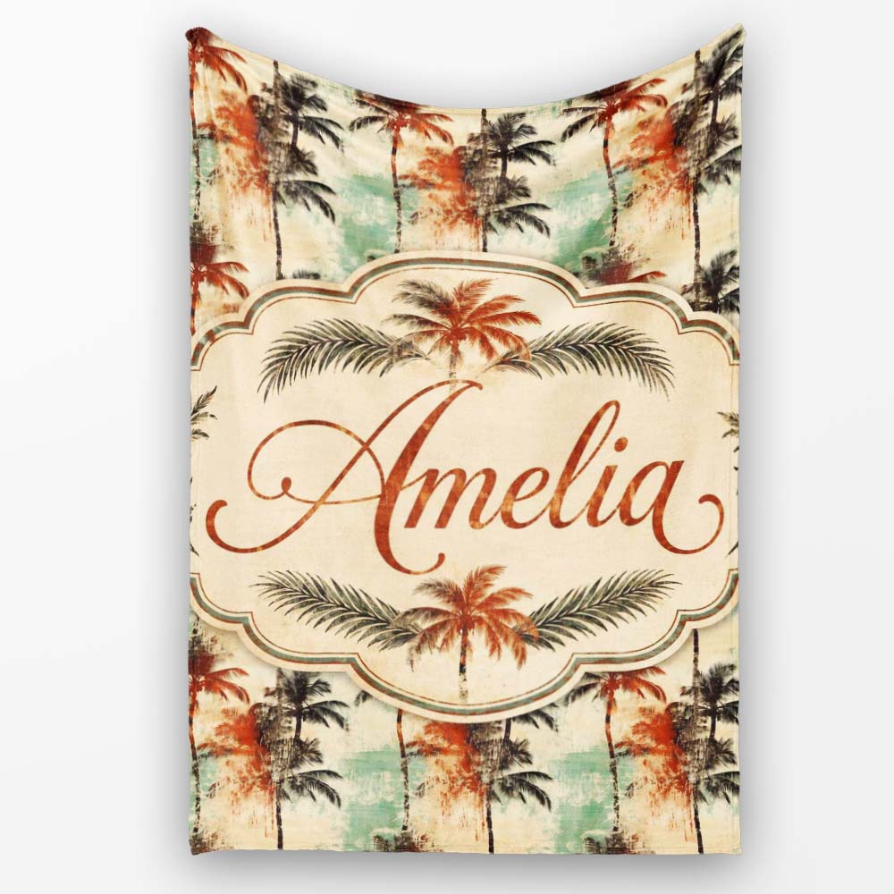 Artistic Palm Tree Coastal Paint Effect Seamless Pattern Name Cute Personalised Custom Name Super Soft Fleece Blanket Bed Sofa Throw