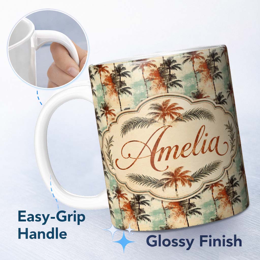 Personalized Custom Name Artistic Palm Tree Coastal Paint Effect Seamless Pattern Name Cute 11oz Ceramic Coffee Tea Mug White Large Handle