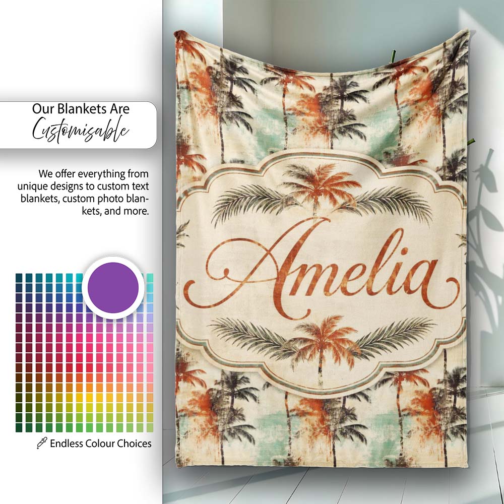 Artistic Palm Tree Coastal Paint Effect Seamless Pattern Name Cute Personalised Custom Name Super Soft Fleece Blanket Bed Sofa Throw